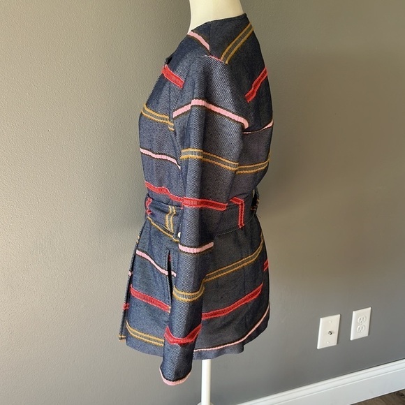 Anthropologie Dolan Picadilly Stripe Coat Textured Blue Belted - Picture 5 of 11